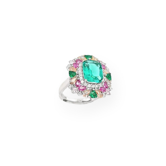 Anello con Fiore e rettangolo Centrale - Elegante e Luminoso in Argento 925