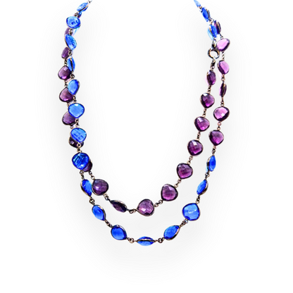 Collana Lunga in Argento Nero con Cristalli Blu e Viola