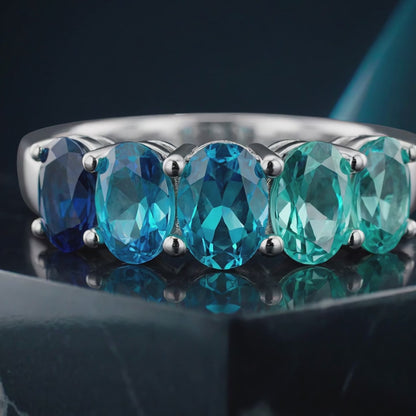 Anello SemiVeretta Ovali Degradè Azzurri e Paraiba, ARGENTO S925