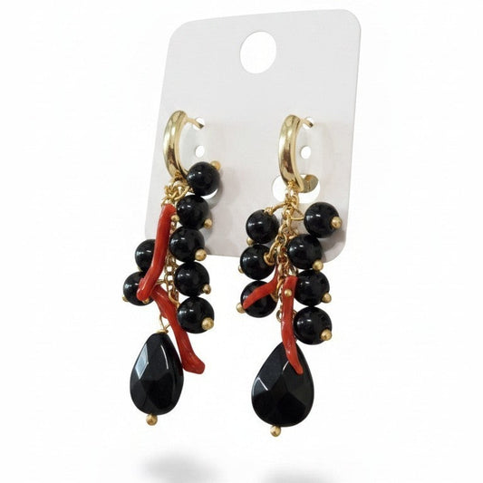 Orecchini Corallo e Onice, Ottone inossidabile