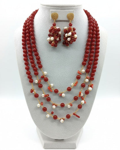 SET Collana Maxi + Orecchini con Pietre di Rubino Grezzo, Perle e Corallo rosso