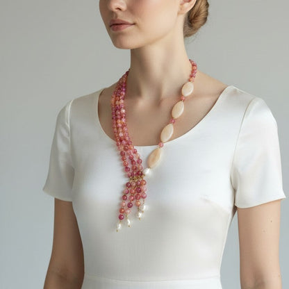Long Necklace with Multicolor Sapphire Stones, S925 Silver and Gold