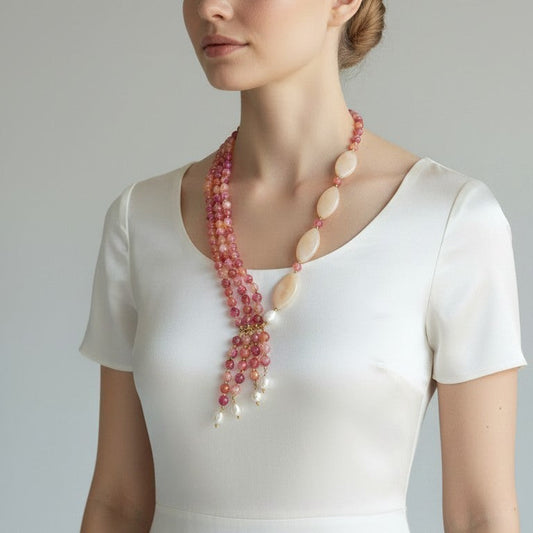 Long Necklace with Multicolor Sapphire Stones, S925 Silver and Gold