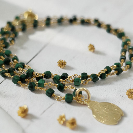 Collana Lunga Stile Rosario con Malachite, in Argento s925