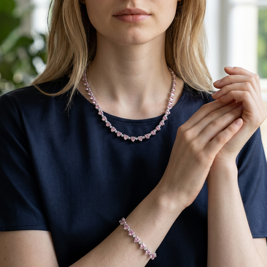 Collana Tennis Cuori Rosa e Punti Luce, 5 mm, Argento 925