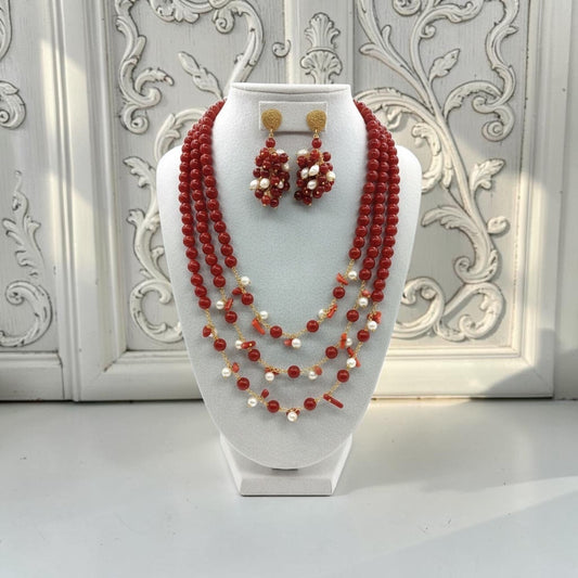 SET Collana Maxi + Orecchini con Pietre di Rubino Grezzo, Perle e Corallo rosso
