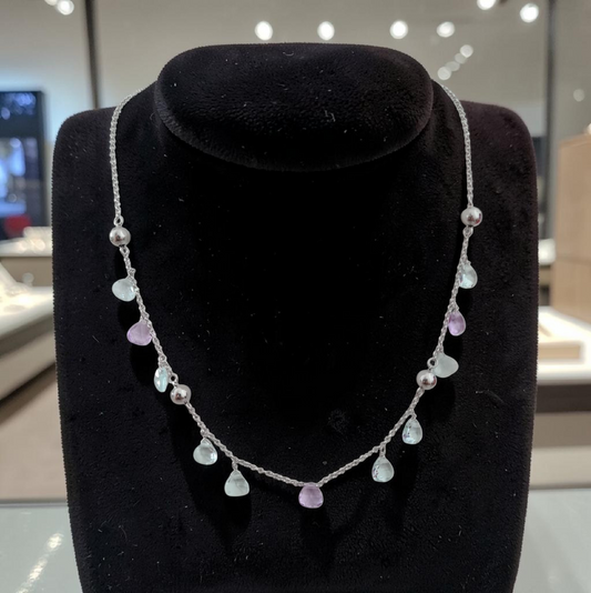 Lilac and Aquamarine Drop Necklace, 925 Silver