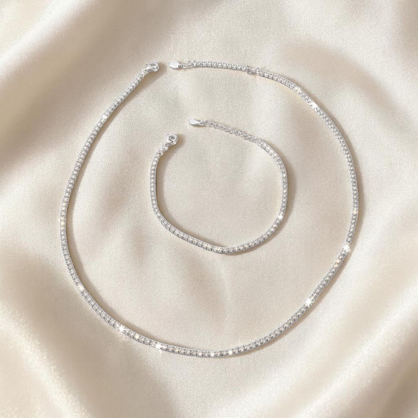 SET Collana Girocollo + Bracciale Tennis, 2 mm Bianco, Argento 925