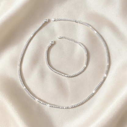SET Collana Girocollo + Bracciale Tennis, 2 mm Bianco, Argento 925