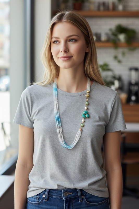 Collana cristalli a 5 fili Azzurro e Bianco, con elemento decorativo in pietre Amazzonite