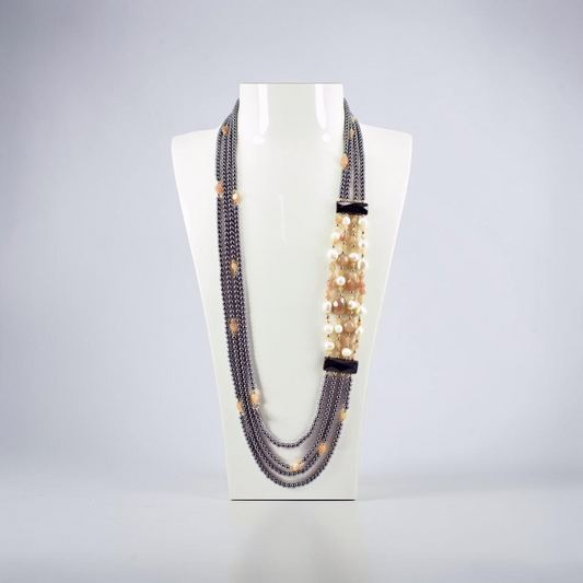 Collana Lunga Multifilo in Pietra del Sole, Perle ed Ematite