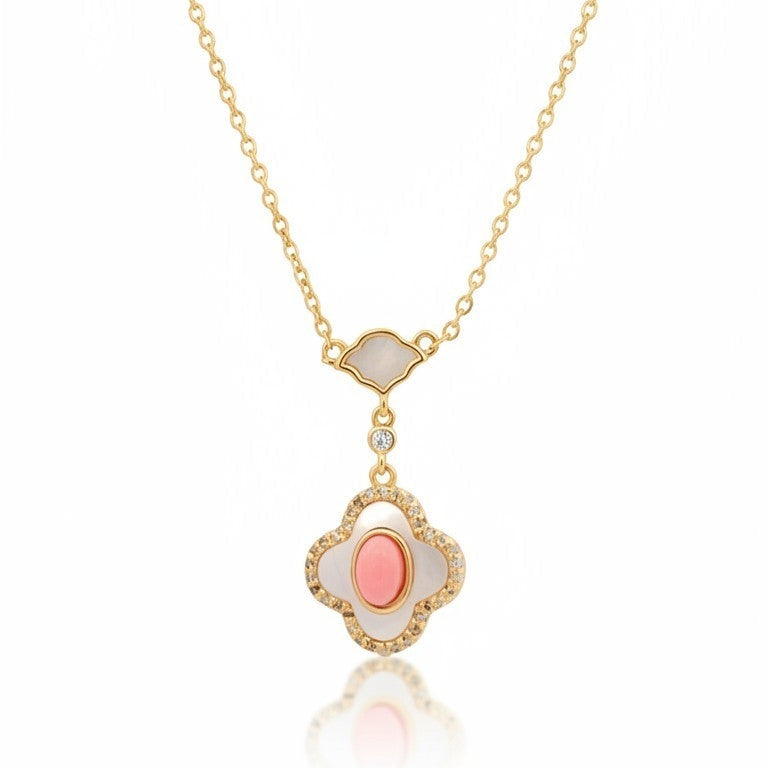 Collana Modello CASSANDRA, con madreperla e quaro rosa, in ACCIAIO inox