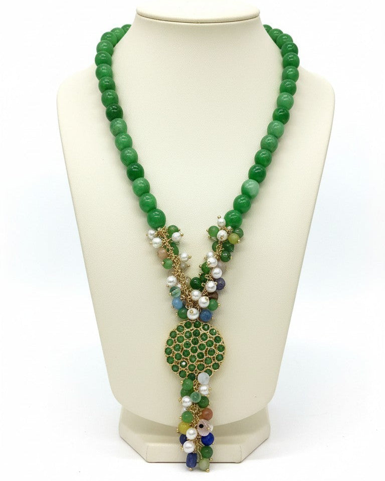 Collana Lunga ad Y con Centrale e Grappoli Verde/multicolor