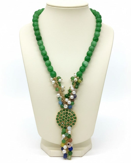 Collana Lunga ad Y con Centrale e Grappoli Verde/multicolor