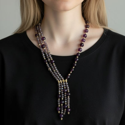 Long Necklace with Multicolor Sapphire Stones, S925 Silver and Gold