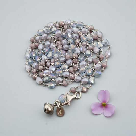 Collana Lunga Brillante Celeste Carta da Zucchero e Rosa Cipria, in Argento s925