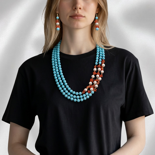Collana Maxi ed Orecchini con Pietre di Pasta di Turchese, Perle e Corallo rosso