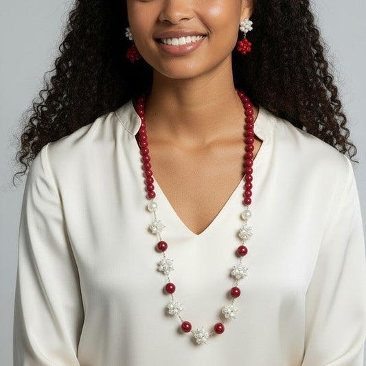 SET Collana Lunga + Orecchini con Perle ed Agata Rossa forma Fiore