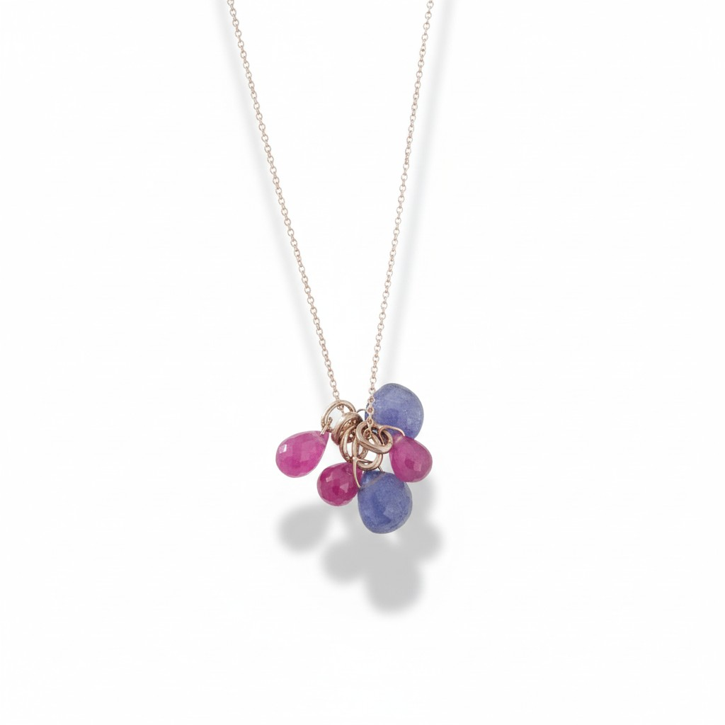 Collana con Ciondoli a Gruppo, in Pietre di Rubino e Calcedonio, Argento s925
