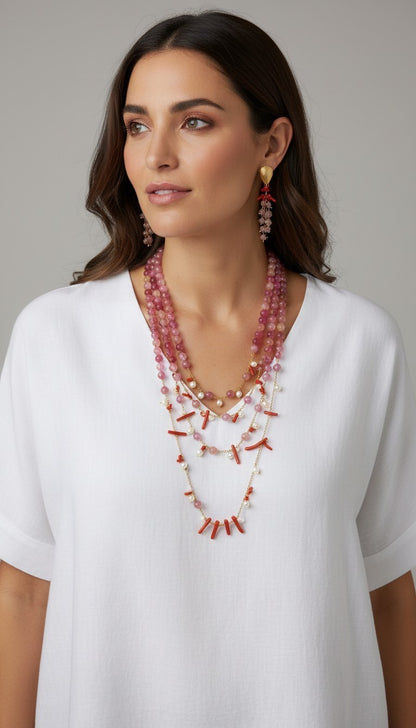 Collana Maxi con Pietre di Tormalina Rosa, Perle e Corallo rosso
