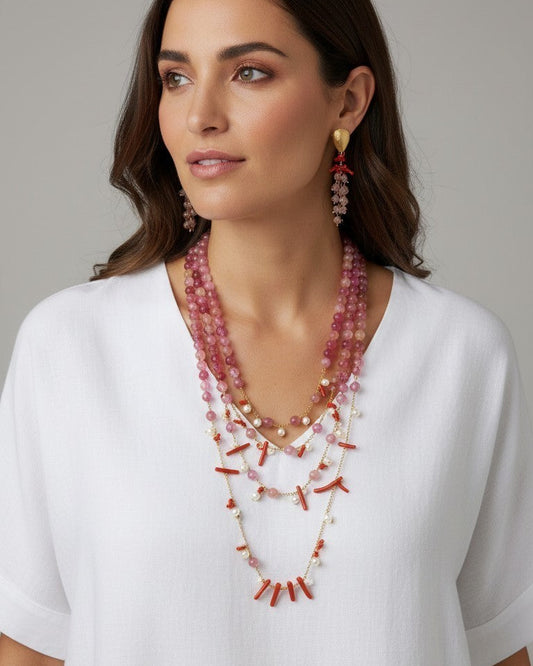 Collana Maxi con Pietre di Tormalina Rosa, Perle e Corallo rosso