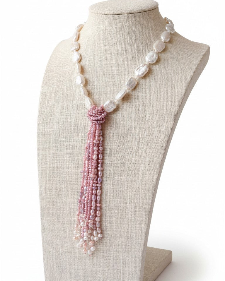Collana Cravatta con Perle di fiume ed acqua dolce, Argento s925
