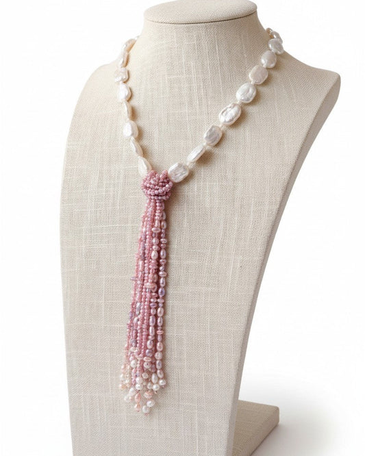 Collana Cravatta con Perle di fiume ed acqua dolce, Argento s925
