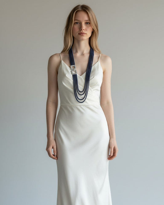 Long Necklace with Multicolor Sapphire Stones, S925 Silver and Gold
