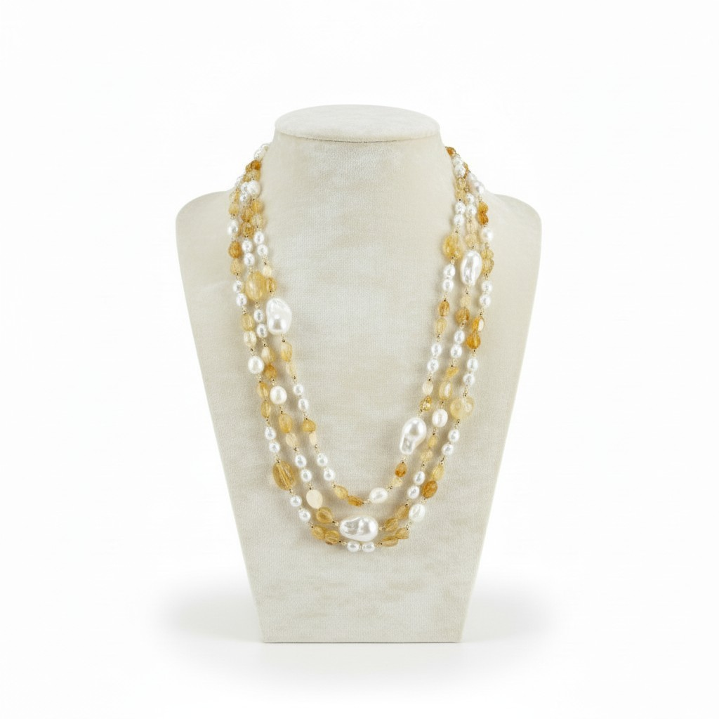 Collana 3 fili in Citrino e Perle Maiorca con chiusura di madreperla 150Cm