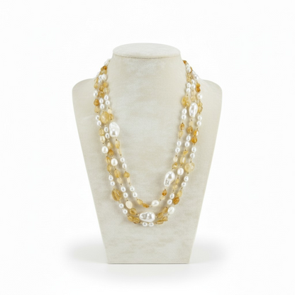 Collana 3 fili in Citrino e Perle Maiorca con chiusura di madreperla 150Cm