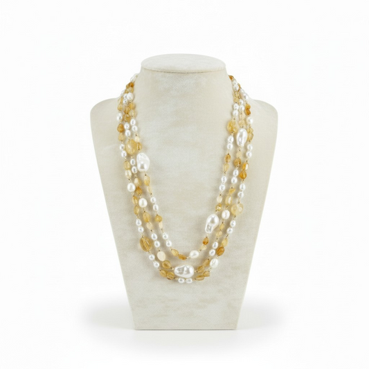 Collana 3 fili in Citrino e Perle Maiorca con chiusura di madreperla 150Cm