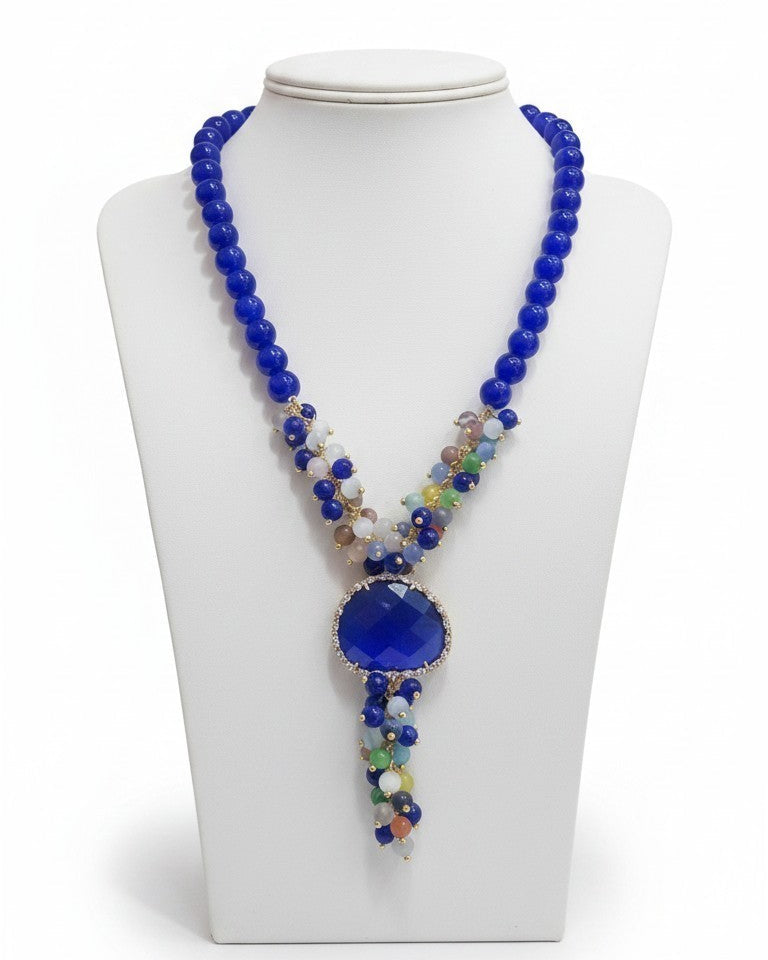 Collana Lunga ad Y con Goccia e Grappoli Blu/Multicolor
