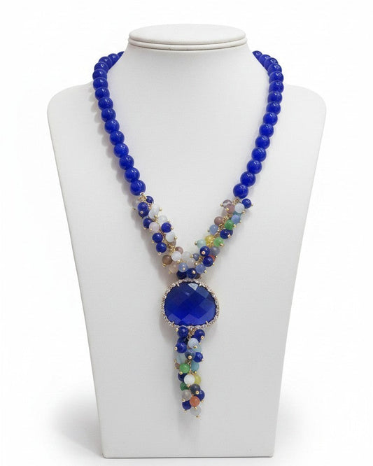 Collana Lunga ad Y con Goccia e Grappoli Blu/Multicolor
