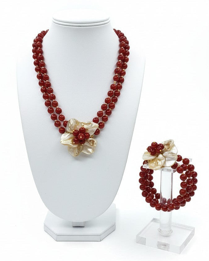 SET Collana Maxi Fiore con Rubino Sintetico e Conchiglia
