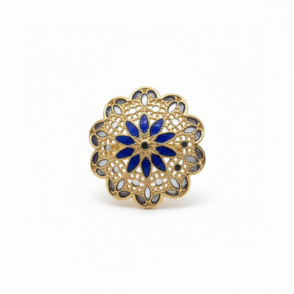 Anello Fiore in Filigrana Blu Pregiata, Argento 925 e Bagno in Oro 18k