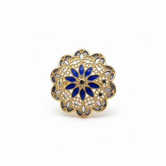 Anello Fiore in Filigrana Blu Pregiata, Argento 925 e Bagno in Oro 18k
