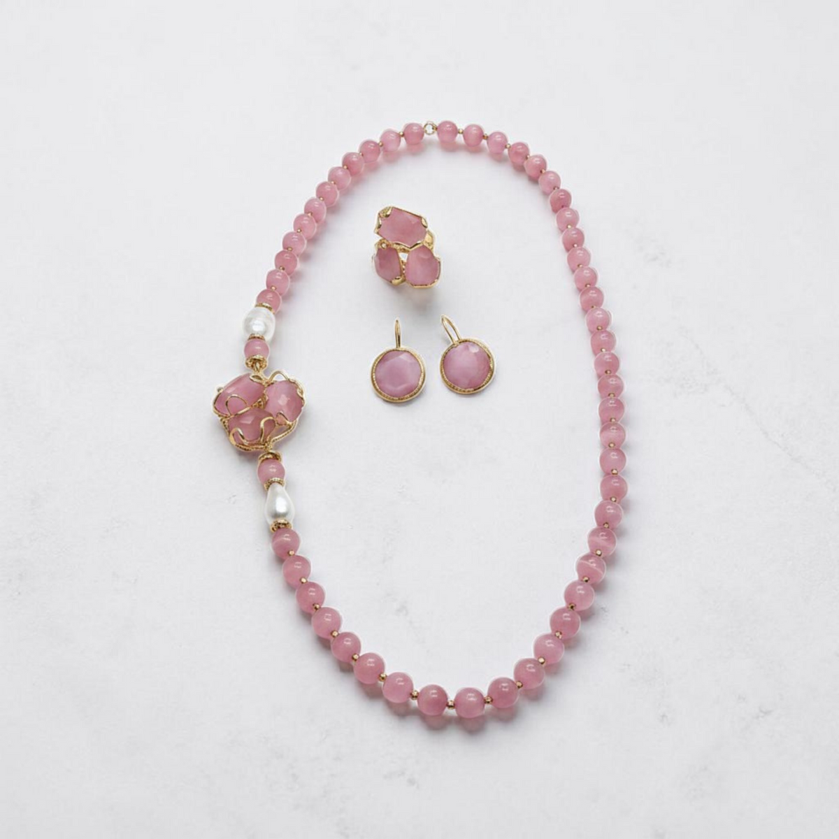 Collana Rosa in Agata con Ciondolo Prezioso + Orecchini + Anello