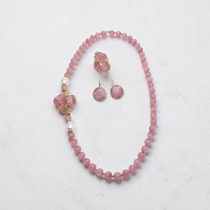 Collana Rosa in Agata con Ciondolo Prezioso + Orecchini + Anello