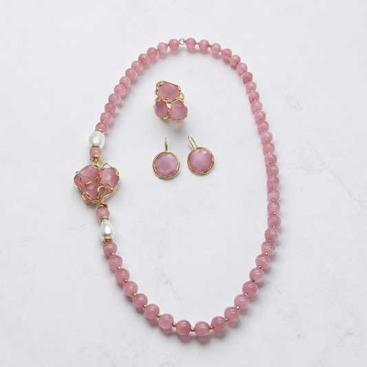 Collana Rosa in Agata con Ciondolo Prezioso + Orecchini + Anello