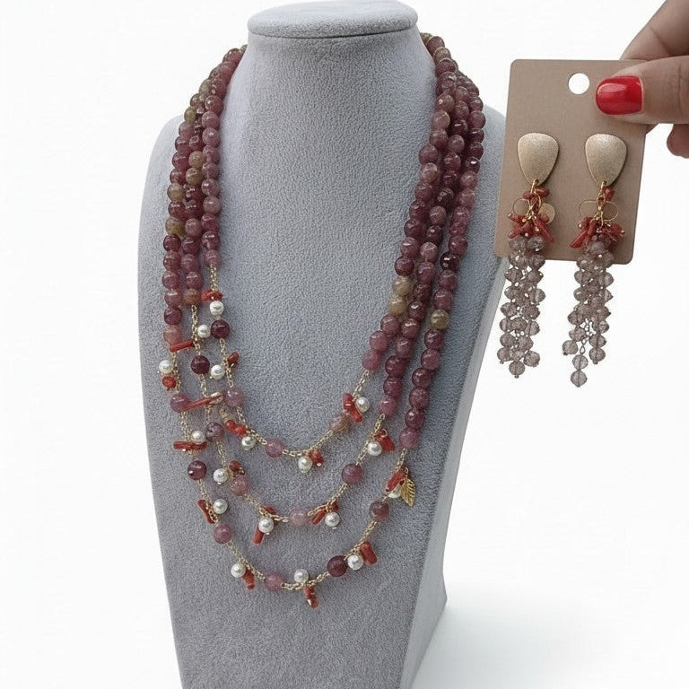 Collana Maxi con Pietre di Tormalina Rosa, Perle e Corallo rosso