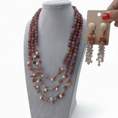 Collana Maxi con Pietre di Tormalina Rosa, Perle e Corallo rosso