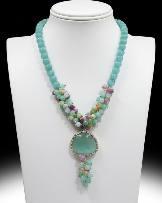 Collana Lunga ad Y con Goccia e Grappoli Color Verde Mare/Paraiba