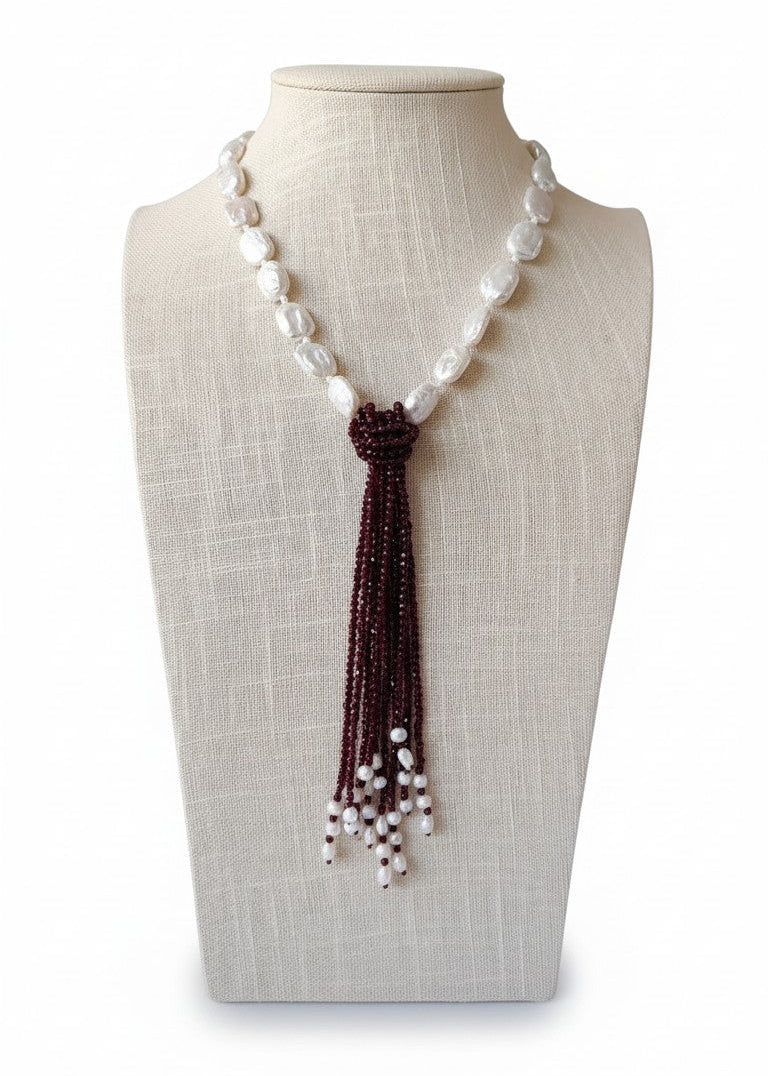 Collana Cravatta Viola Rossa e Bianca da Donna, con Perle e Pietre Naturali