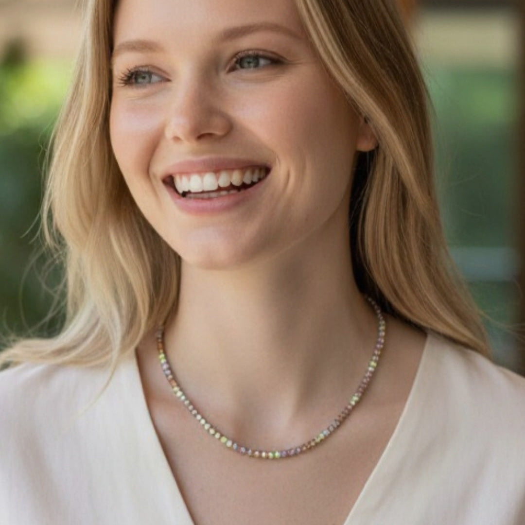 Harlequin Tennis Necklace, 3mm, 925 Silver and Zirconia