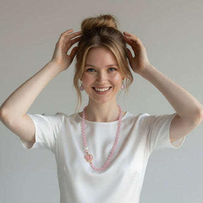 Collana Rosa in Agata con Ciondolo Prezioso + Orecchini + Anello