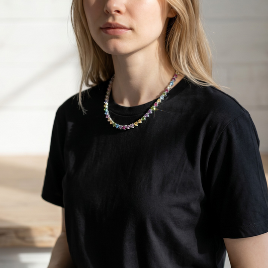 Collana Tennis Cuori Multicolor e Punti Luce, 5 mm, Argento 925