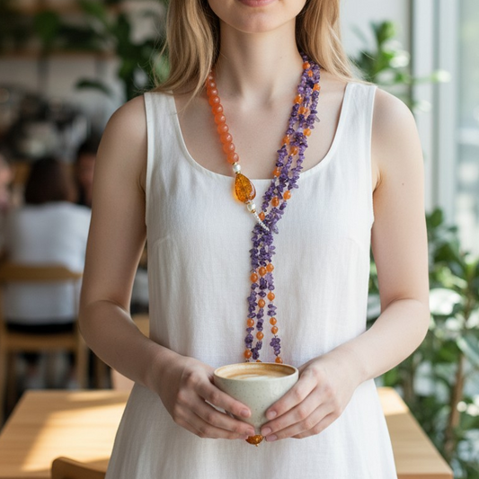 Collana Lunga ad Y Con Ametista, Ambra e Perle