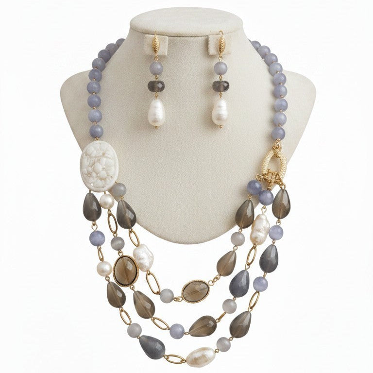 Long Necklace with Multicolor Sapphire Stones, S925 Silver and Gold