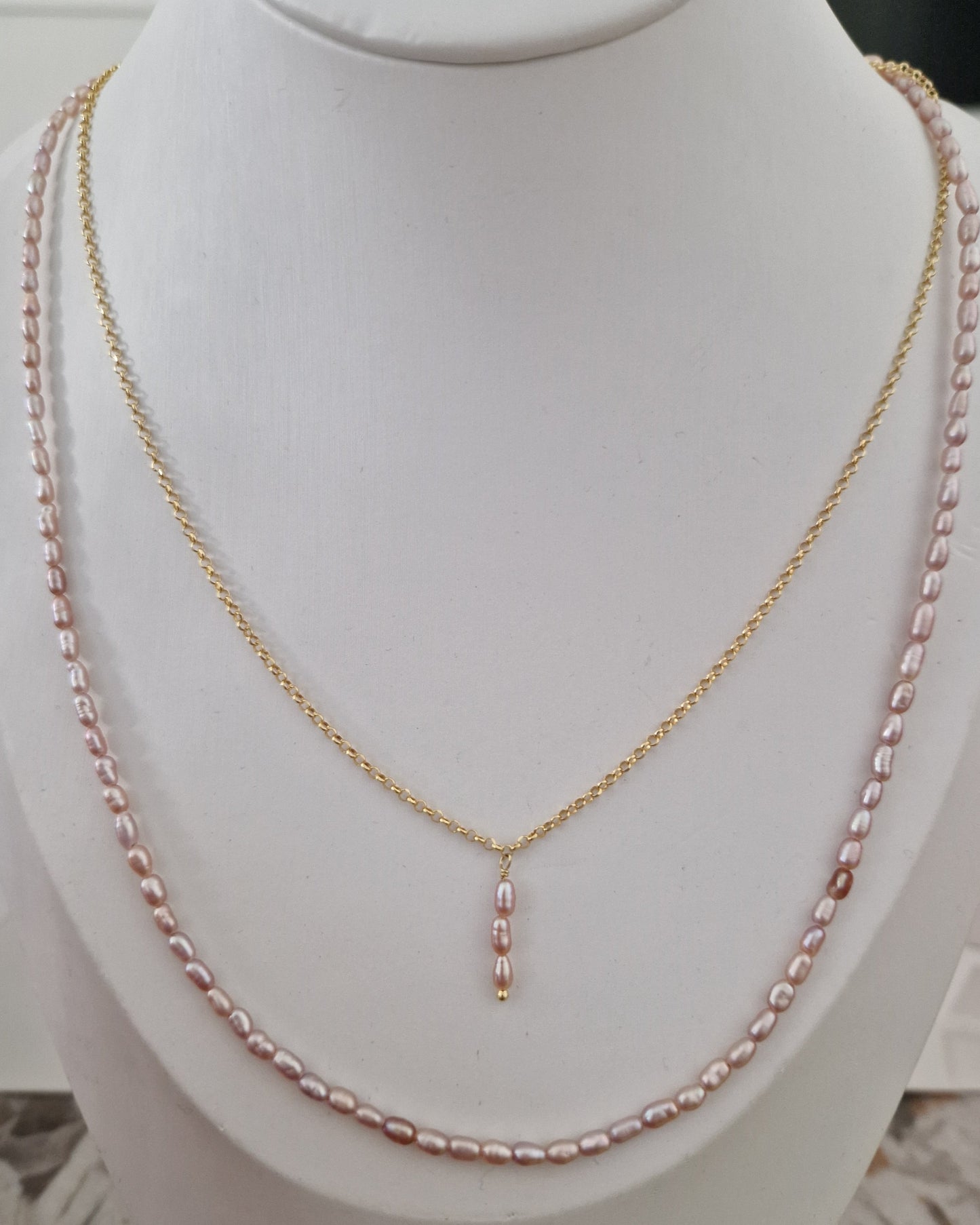 Collane Doppio Filo con Perle Chicco di Riso Rosa, in Argento s925