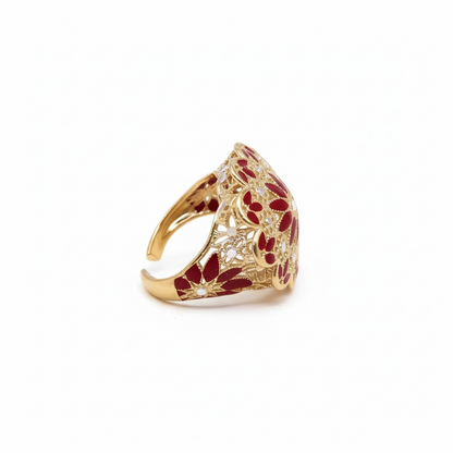 Anello Fiore Rosso in Filigrana Pregiata, Argento 925 e Bagno in Oro